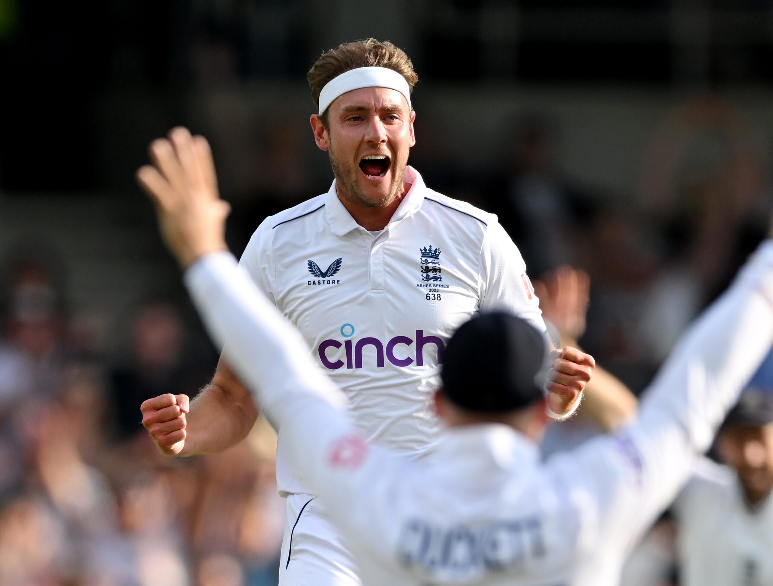 Stuart Broad wearing the England test cricket kit, made by Castore